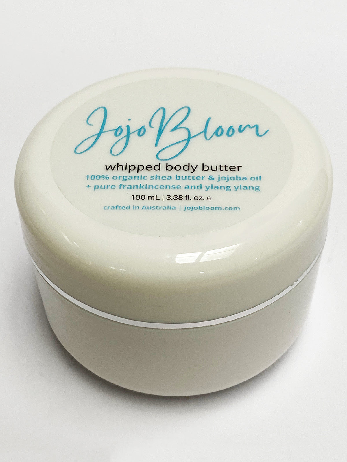 Jojo Bloom whipped body butter 100% organic Shea butter, Jojoba oil, with pure Frankincense and Ylang ylang essential oils. 100mL