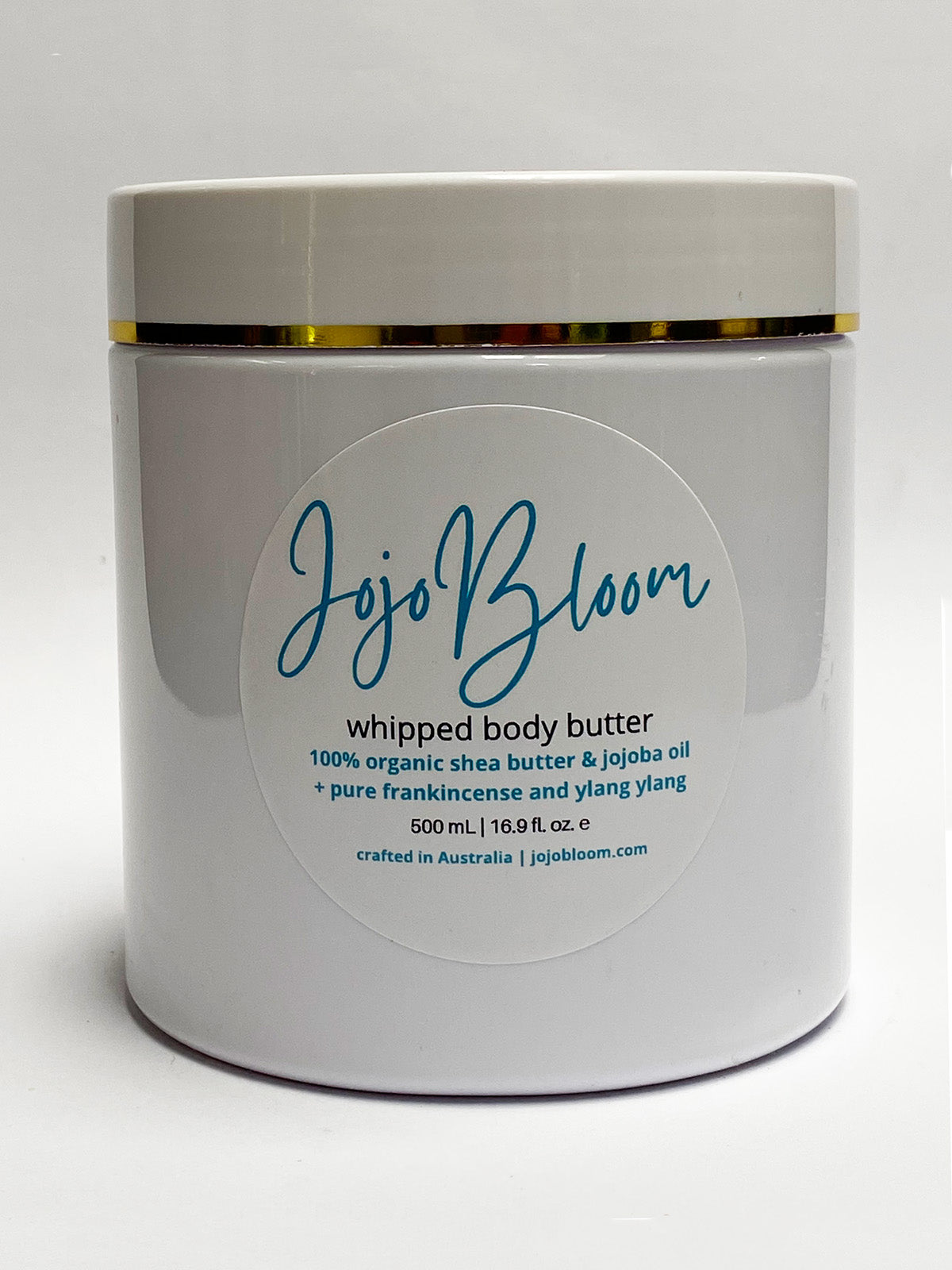 Jojo Bloom whipped body butter 100% organic Shea butter, Jojoba oil, with pure Frankincense and Ylang ylang essential oils. 500mL