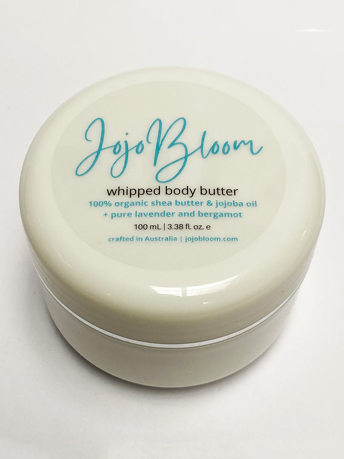 Jojo Bloom whipped body butter 100% organic Shea butter, Jojoba oil, with pure Lavender and Bergamot essential oils. 100mL