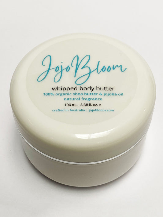 Jojo Bloom whipped body butter 100% organic shea butter, jojoba oil, with natural fragrance. 100mL. Exceptional for full body hydration, moisturising and rejuvenation.