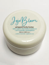 Load image into Gallery viewer, Jojo Bloom whipped body butter 100% organic Shea butter, Jojoba oil, with pure Lavender and Bergamot essential oils. 100mL
